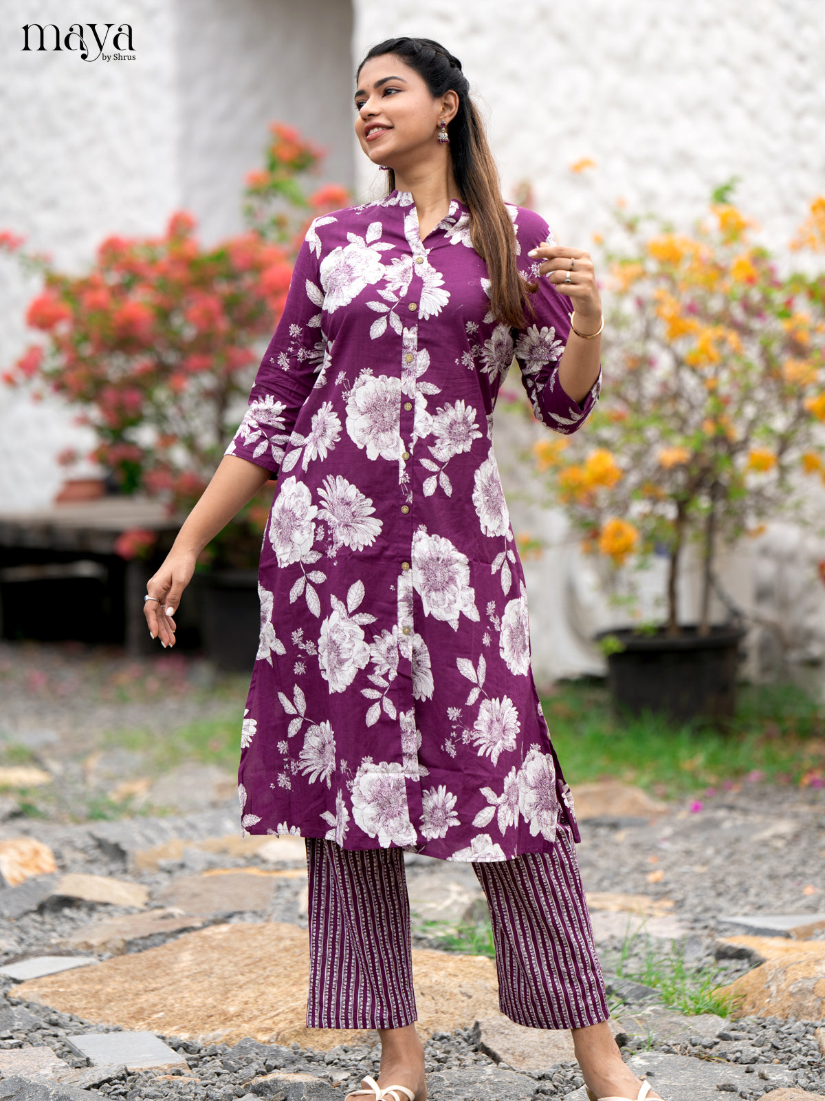 Purple Cotton 2pc Salwar Suit With Floral Print - Top & Bottom - Shop on Shrus.com