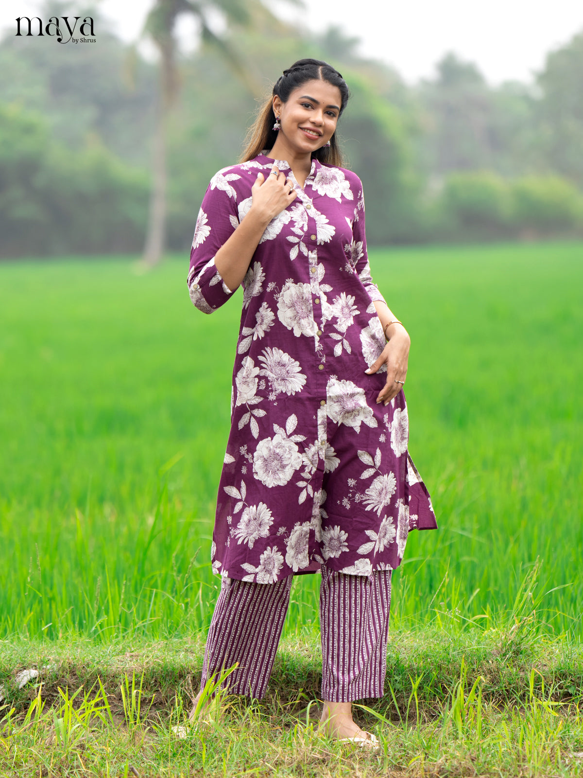 Purple Cotton 2pc Salwar Suit With Floral Print - Top & Bottom - Shop on Shrus.com