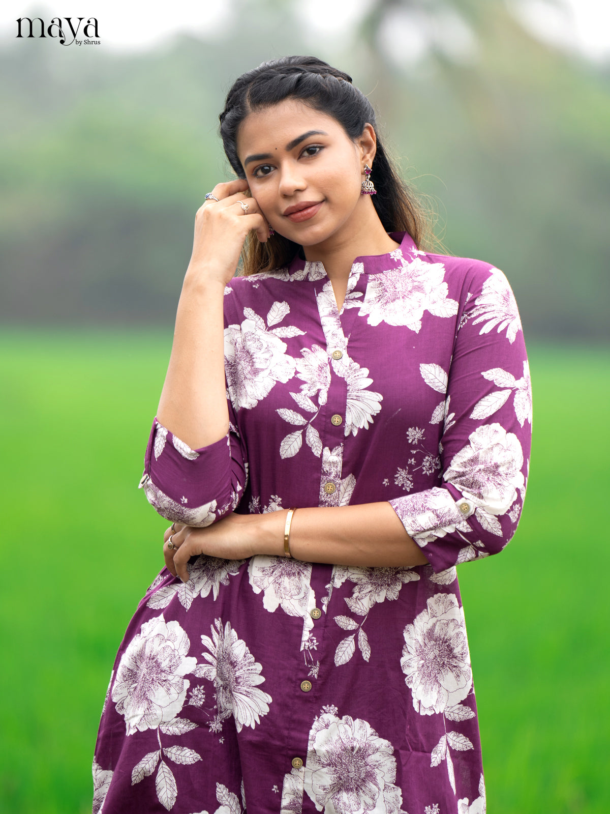 Purple Cotton 2pc Salwar Suit With Floral Print - Top & Bottom - Shop on Shrus.com