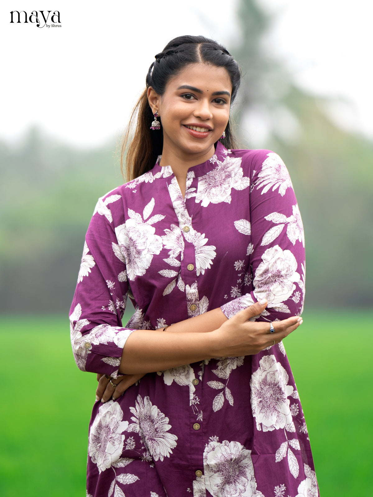 Purple Cotton 2pc Salwar Suit With Floral Print - Top & Bottom - Shop on Shrus.com