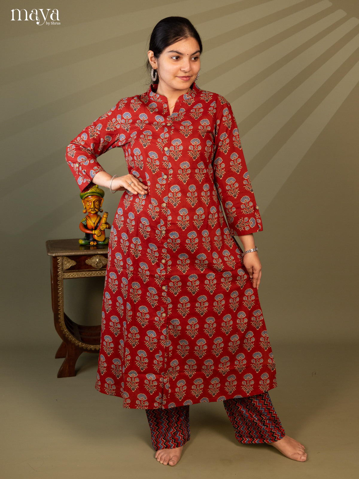 Maroon Cotton 2Pc Salwar Suit With Ajrakh print- Top & Bottom - Shop on Shrus.com