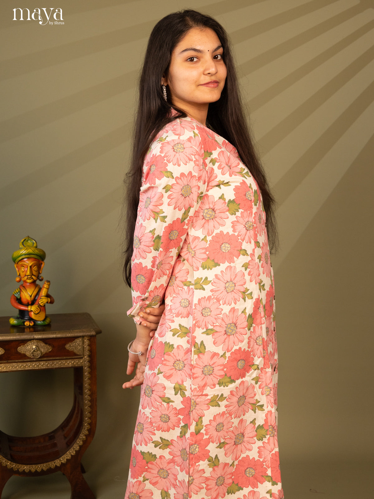 Cream Cotton Floral Print With Kantha Work - Shop on Shrus.com