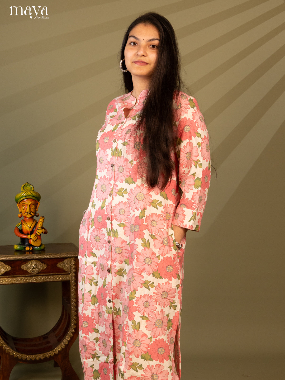 Cream Cotton Floral Print With Kantha Work - Shop on Shrus.com