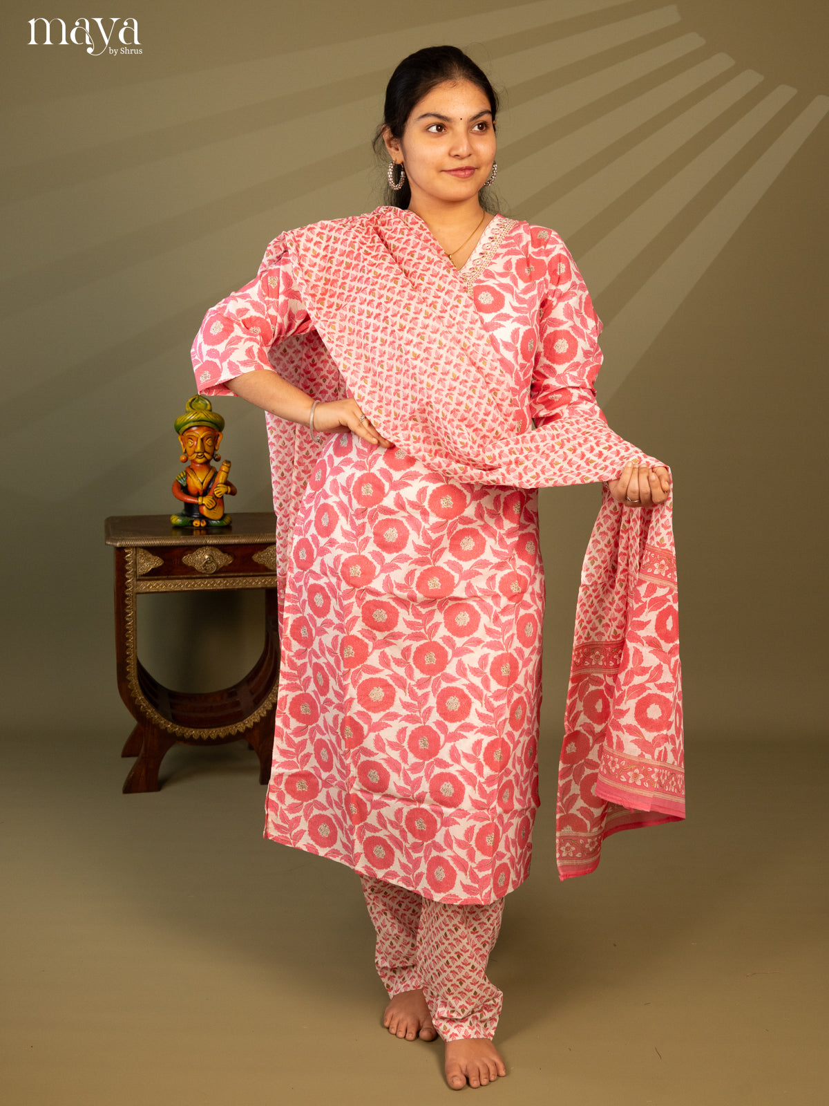 White Cotton 3Pc Salwar Suit with Floral Print - Top, Bottom & Dupatta - Shop on Shrus.com