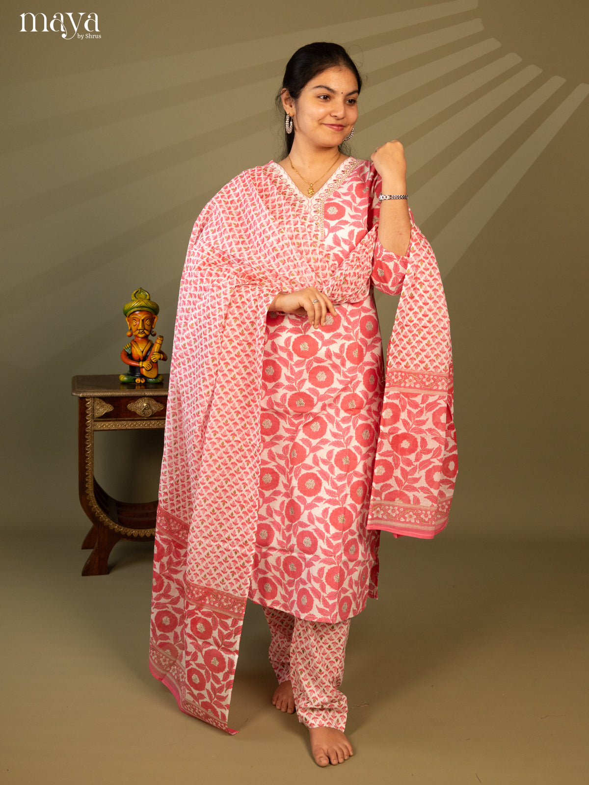 White Cotton 3Pc Salwar Suit with Floral Print - Top, Bottom & Dupatta - Shop on Shrus.com