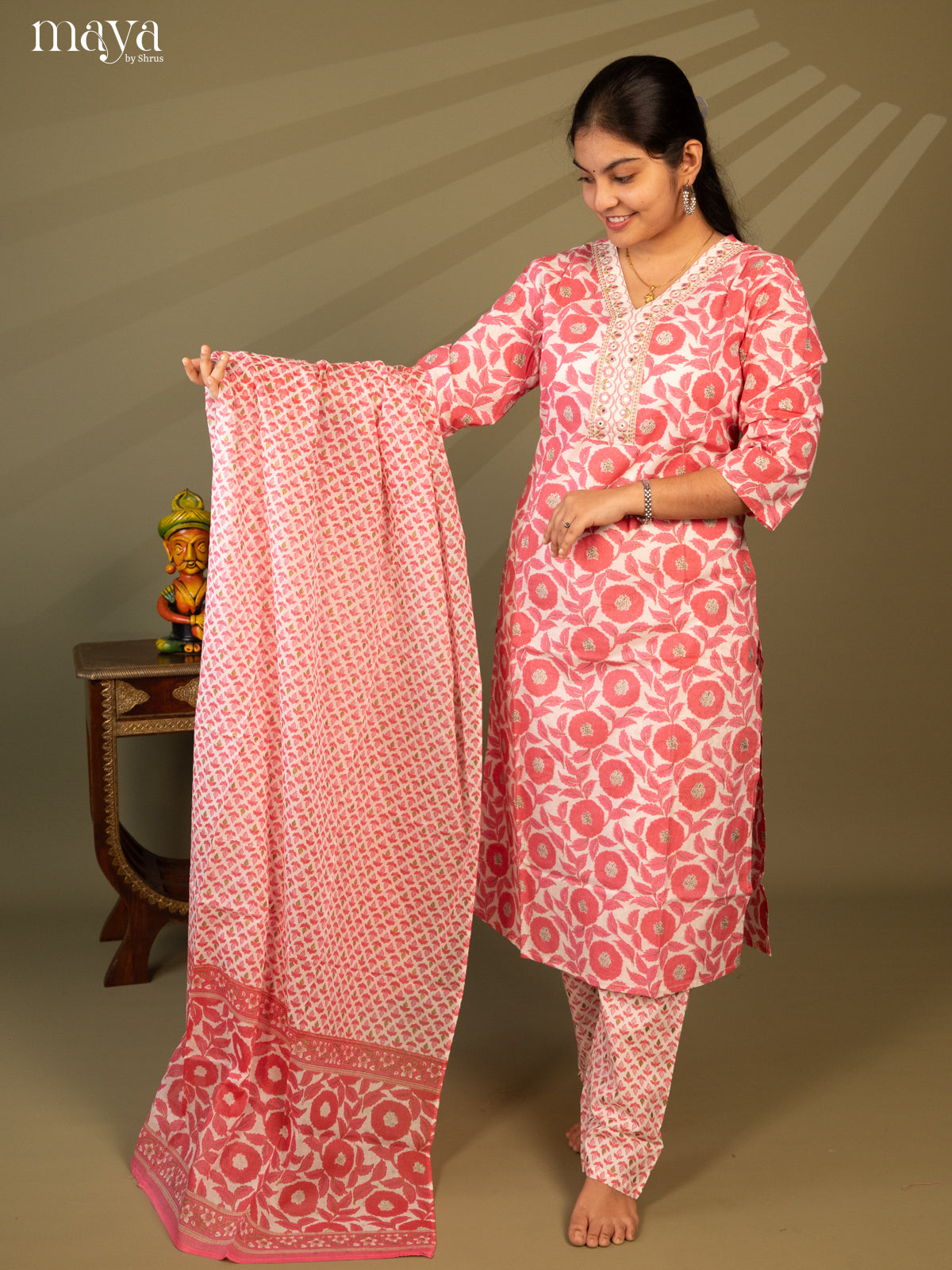 White Cotton 3Pc Salwar Suit with Floral Print - Top, Bottom & Dupatta - Shop on Shrus.com