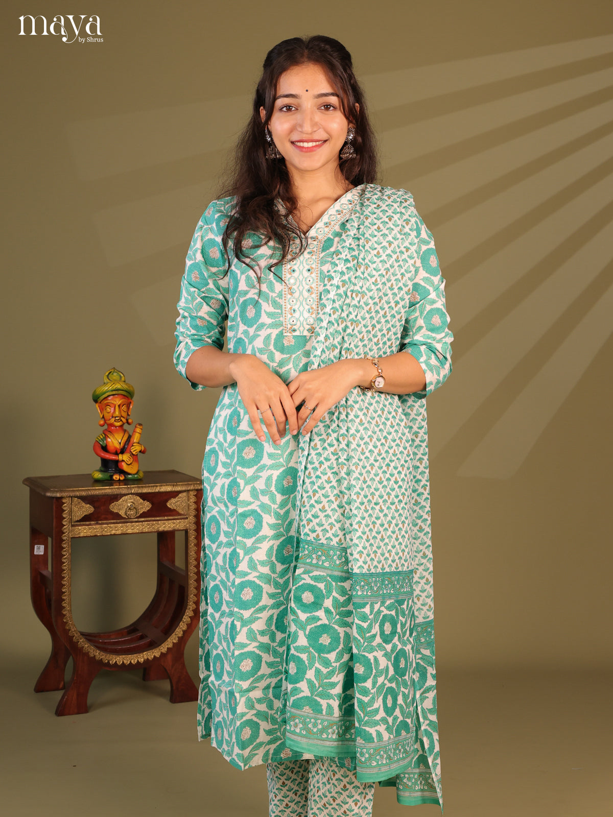 White Cotton 3Pc Salwar Suit with Floral Print - Top, Bottom & Dupatta - Shop on Shrus.com