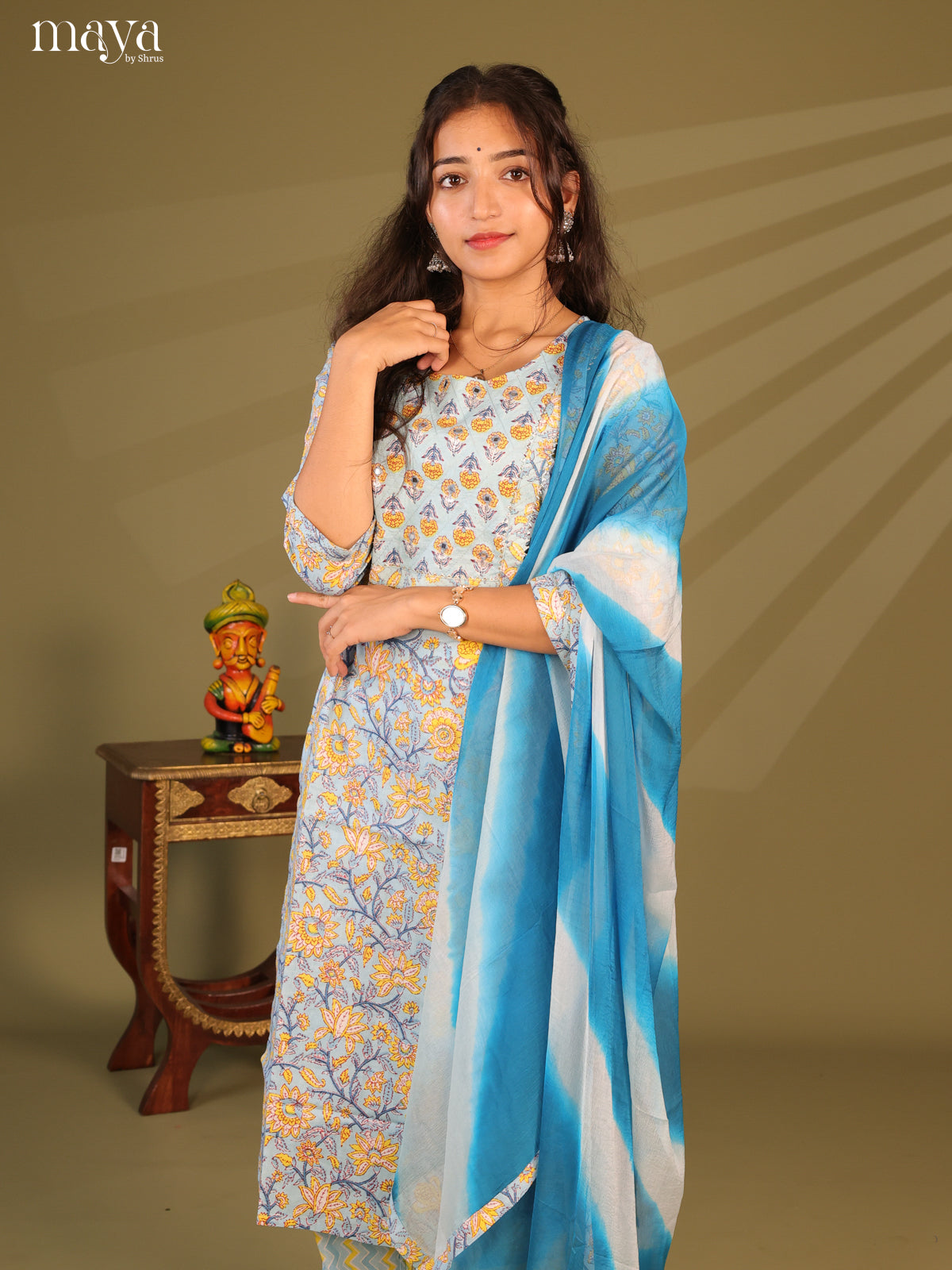 Blue Cotton 3pc Salwar Suit With Floral Print - Top, Bottom & Dupatta - Shop on Shrus.com