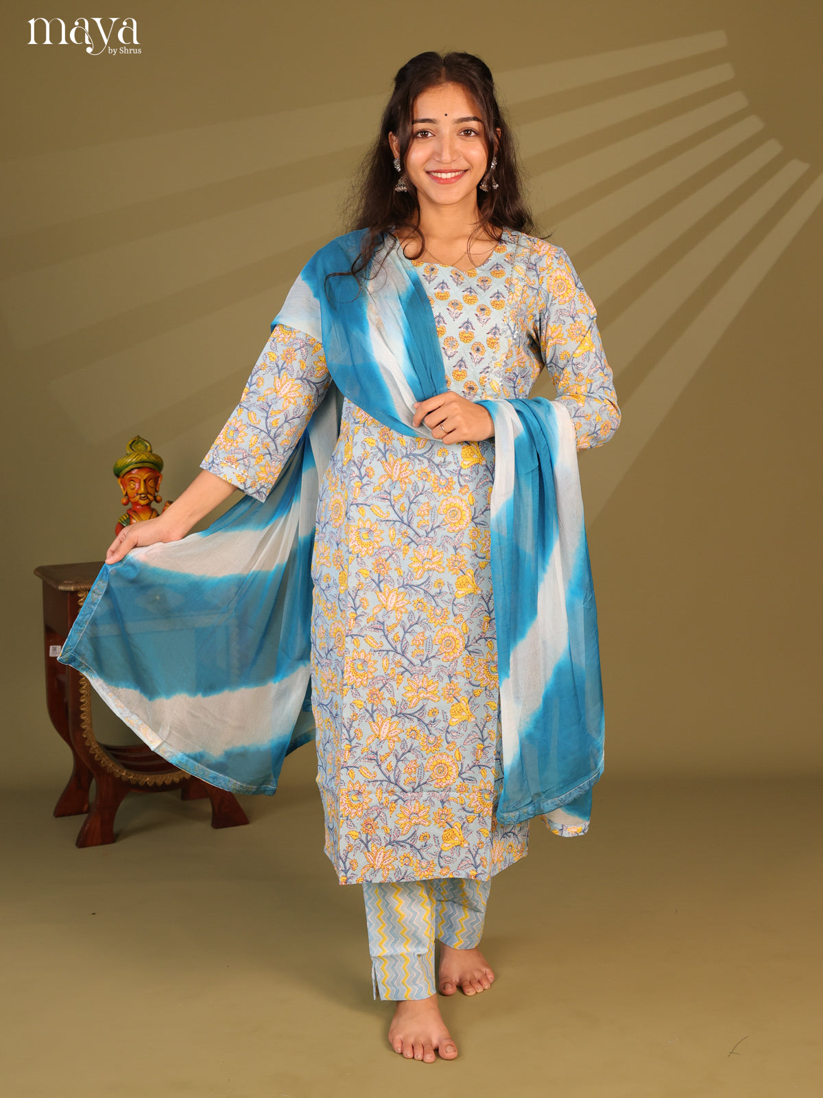 Blue Cotton 3pc Salwar Suit With Floral Print - Top, Bottom & Dupatta - Shop on Shrus.com