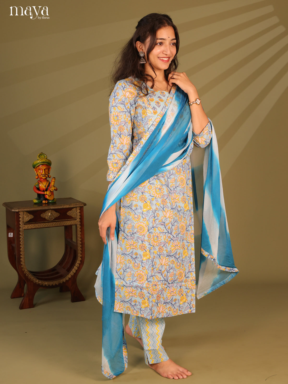 Blue Cotton 3pc Salwar Suit With Floral Print - Top, Bottom & Dupatta - Shop on Shrus.com