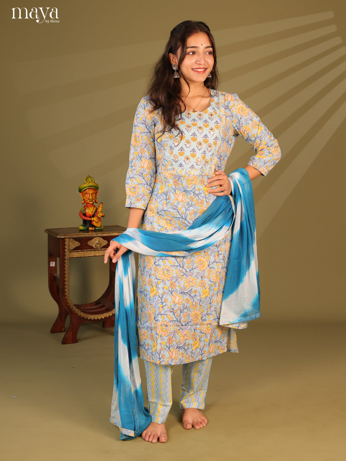 Blue Cotton 3pc Salwar Suit With Floral Print - Top, Bottom & Dupatta - Shop on Shrus.com