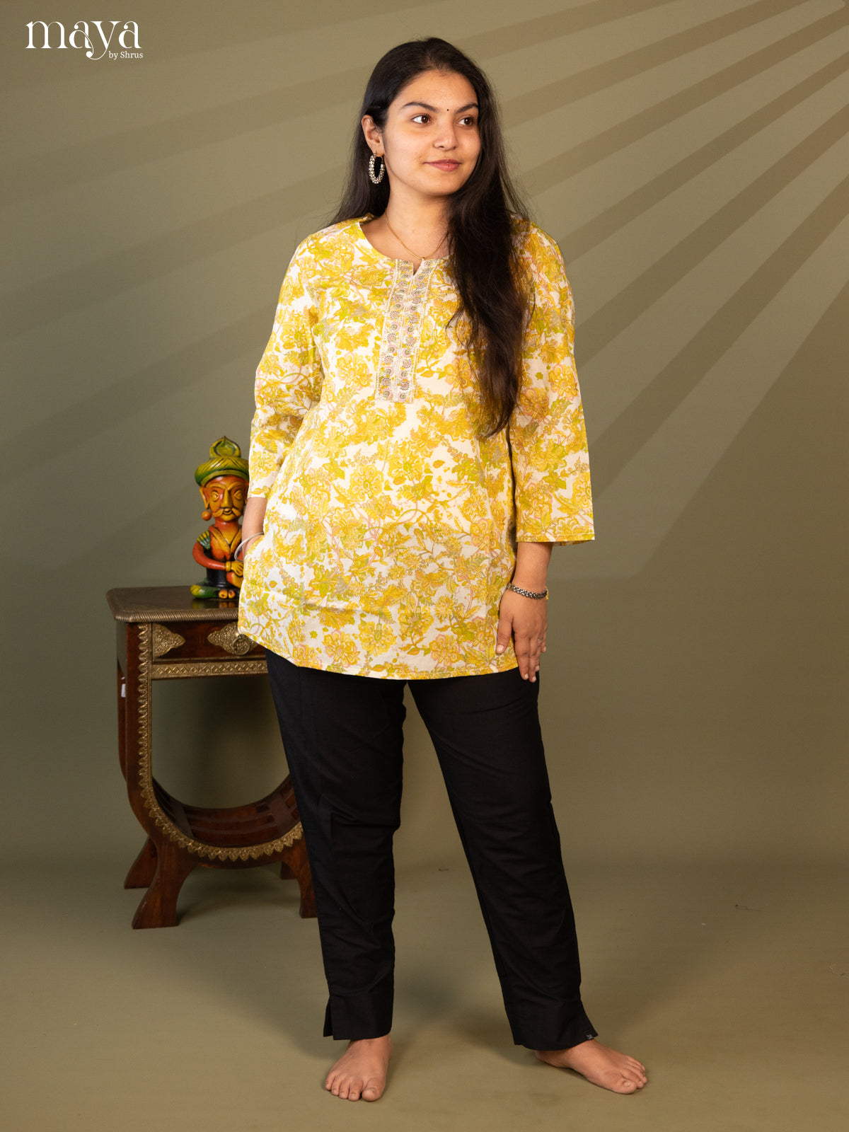 Floral Printed Cream Cotton Short Kurti - Shop on Shrus.com