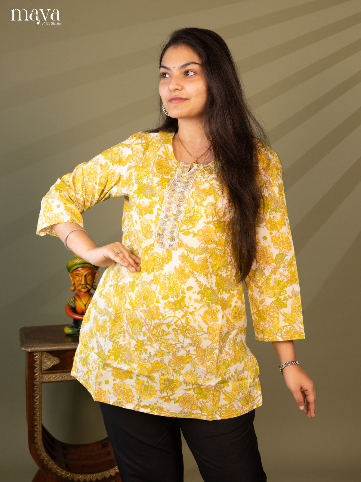 Floral Printed Cream Cotton Short Kurti - Shop on Shrus.com