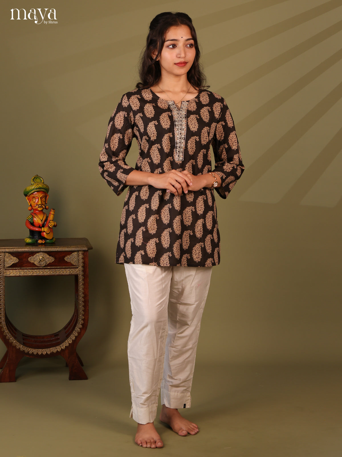 Floral Printed Brown Cotton Short Kurti - Shop on Shrus.com