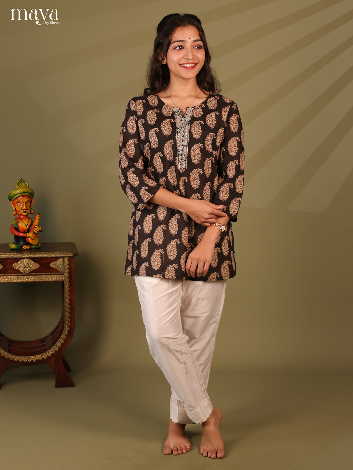 Floral Printed Brown Cotton Short Kurti - Shop on Shrus.com