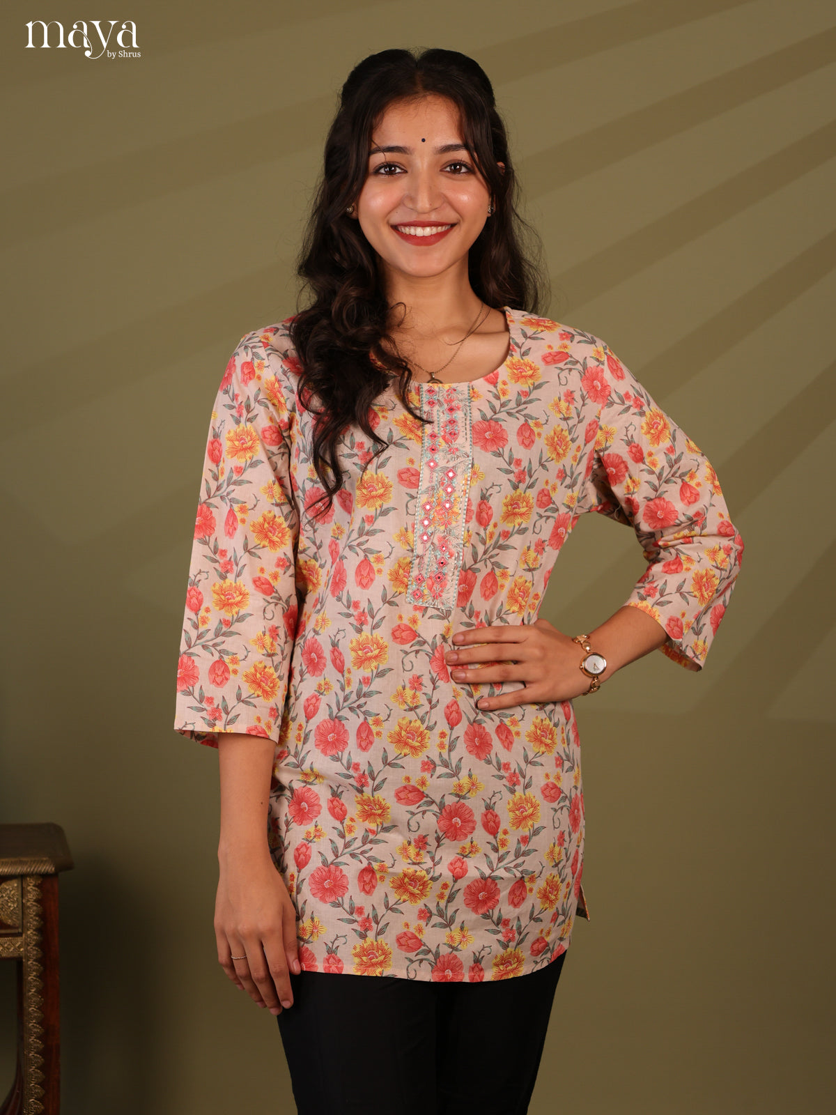 Floral Printed Mauve Cotton Short Kurti - Shop on Shrus.com