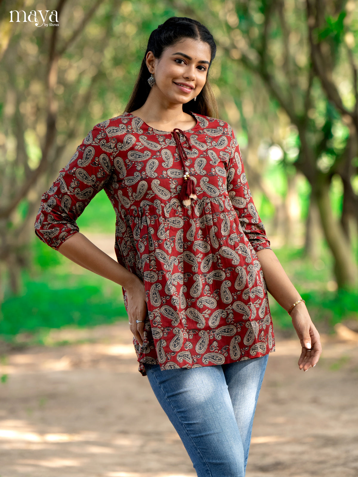 Ajrakh Printed Maroon Cotton Short Kurti - Shop on Shrus.com