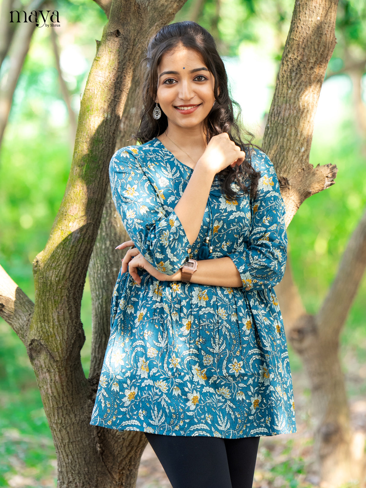 Floral Printed Blue Cotton Short Kurti - Shop on Shrus.com