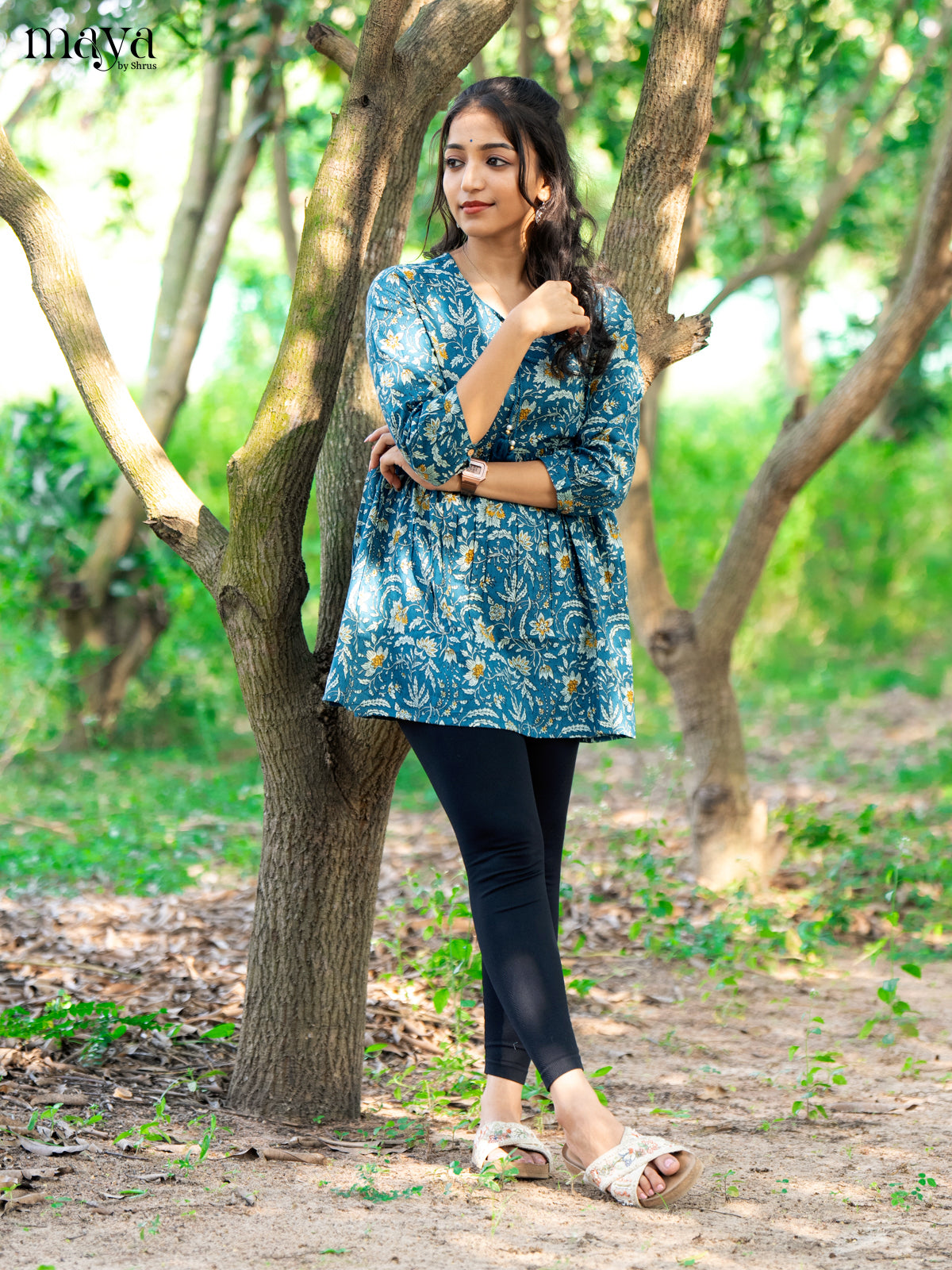 Floral Printed Blue Cotton Short Kurti - Shop on Shrus.com