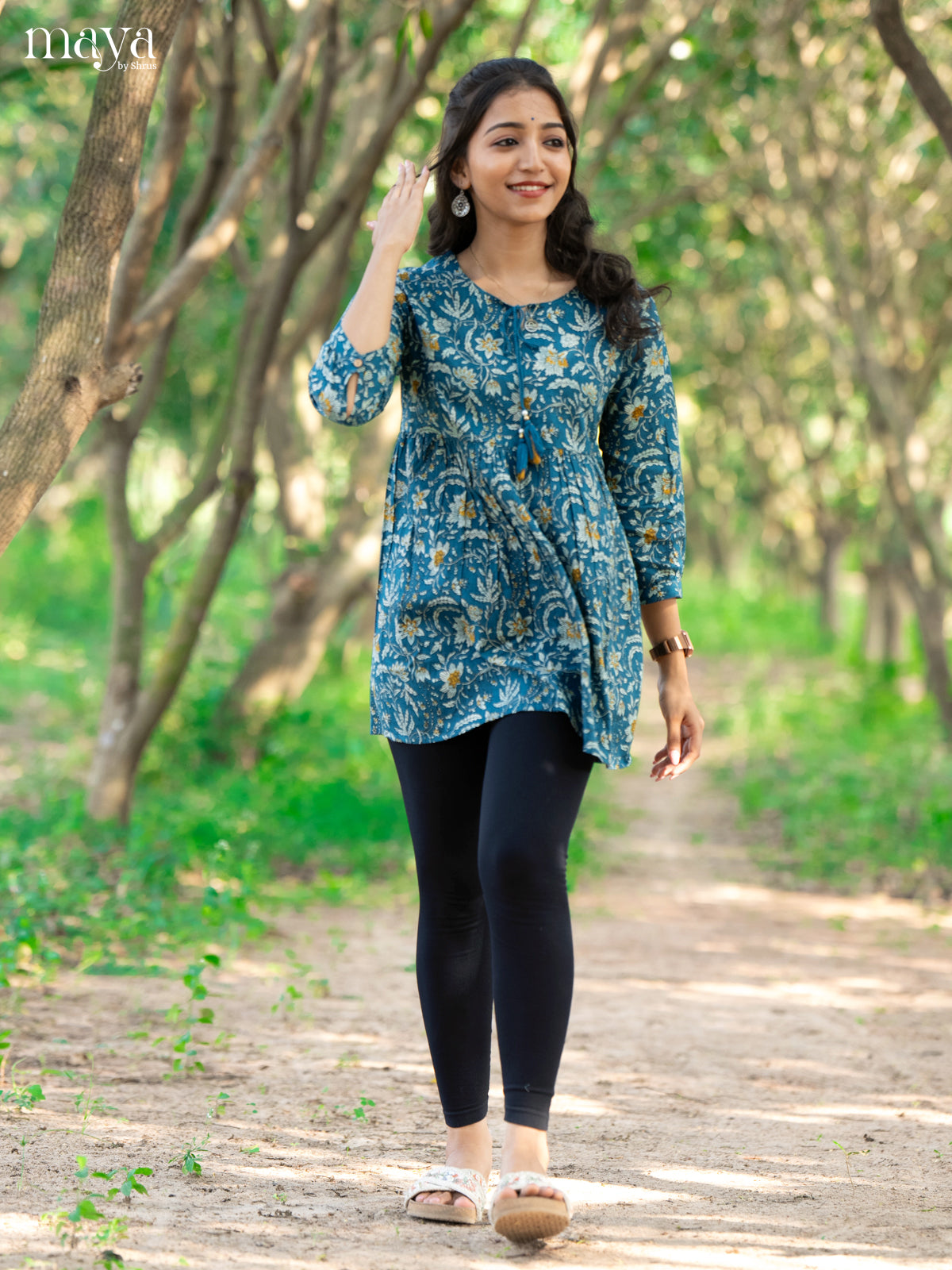 Floral Printed Blue Cotton Short Kurti - Shop on Shrus.com
