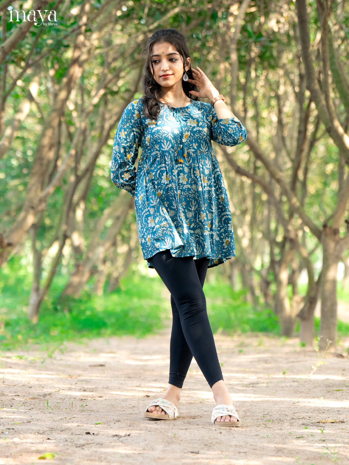 Floral Printed Blue Cotton Short Kurti - Shop on Shrus.com