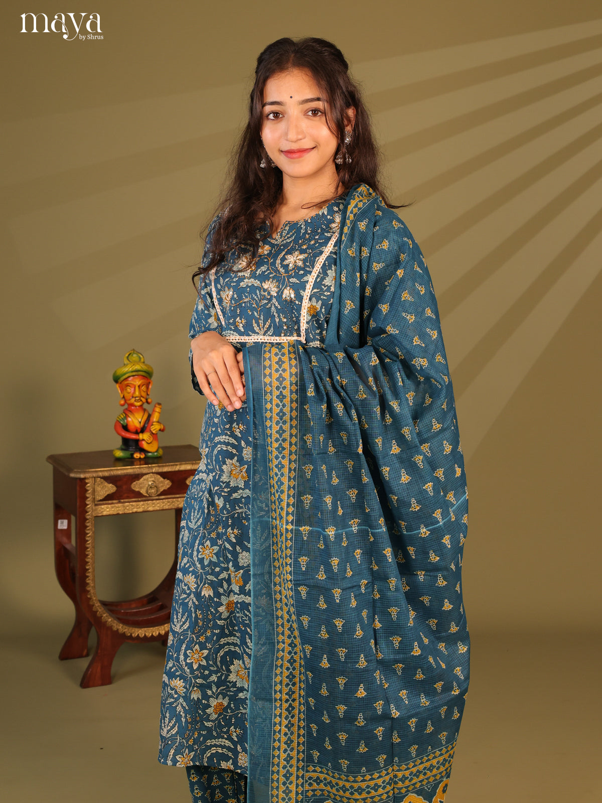 Blue Cotton 3Pc Salwar Suit with Floral Print - Top, Bottom & Dupatta - Shop on Shrus.com