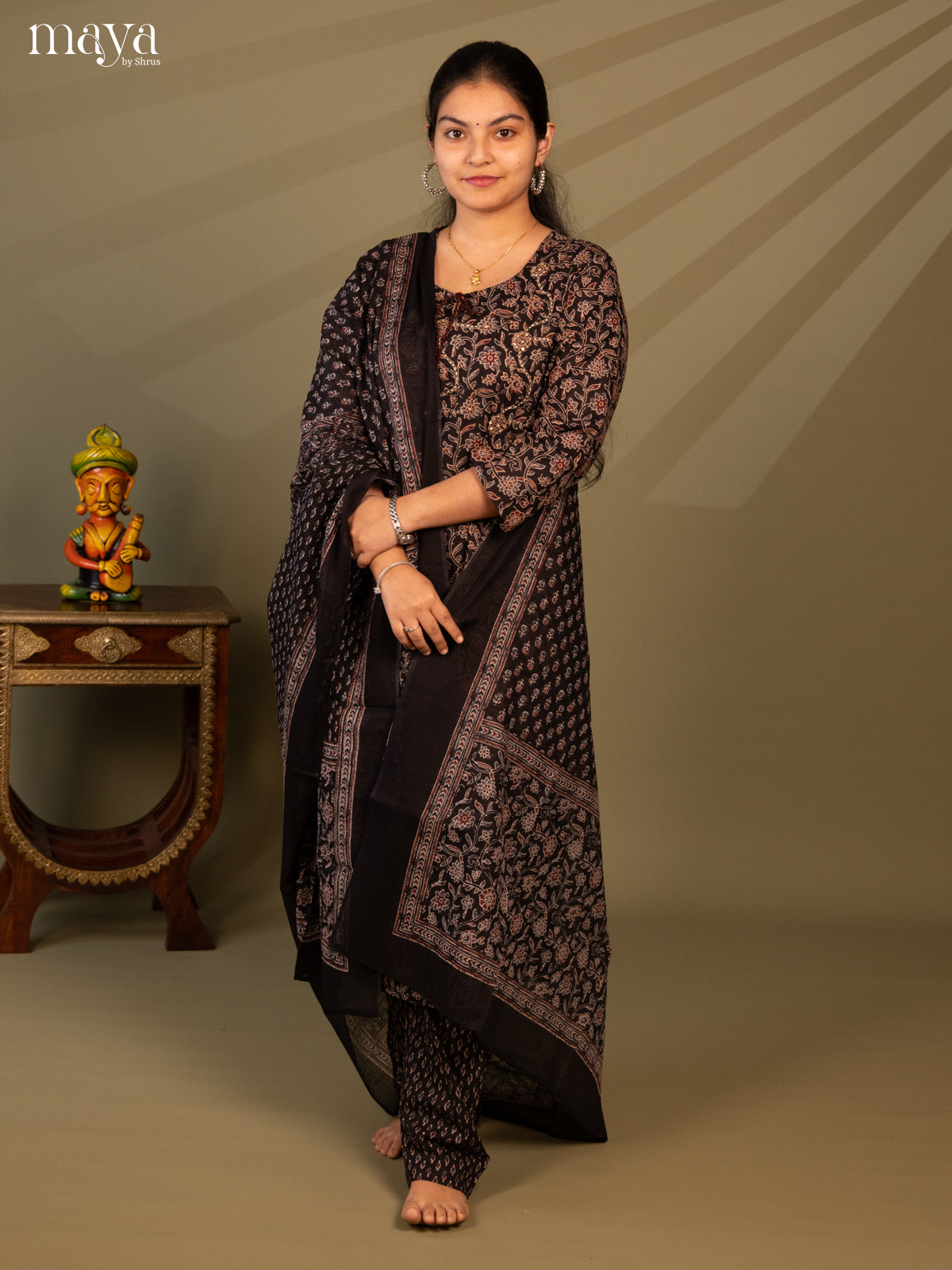 Black Cotton 3Pc Salwar Suit with Floral Print - Top, Bottom & Dupatta - Shop on Shrus.com
