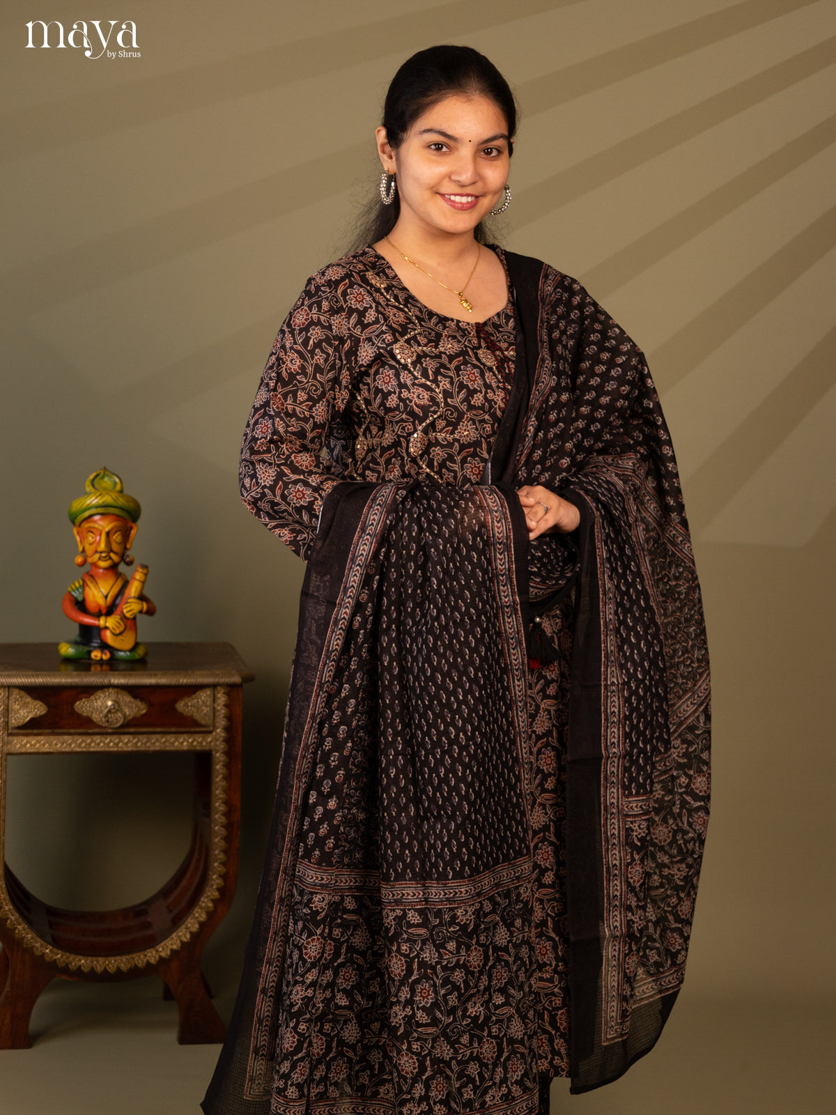 Black Cotton 3Pc Salwar Suit with Floral Print - Top, Bottom & Dupatta - Shop on Shrus.com