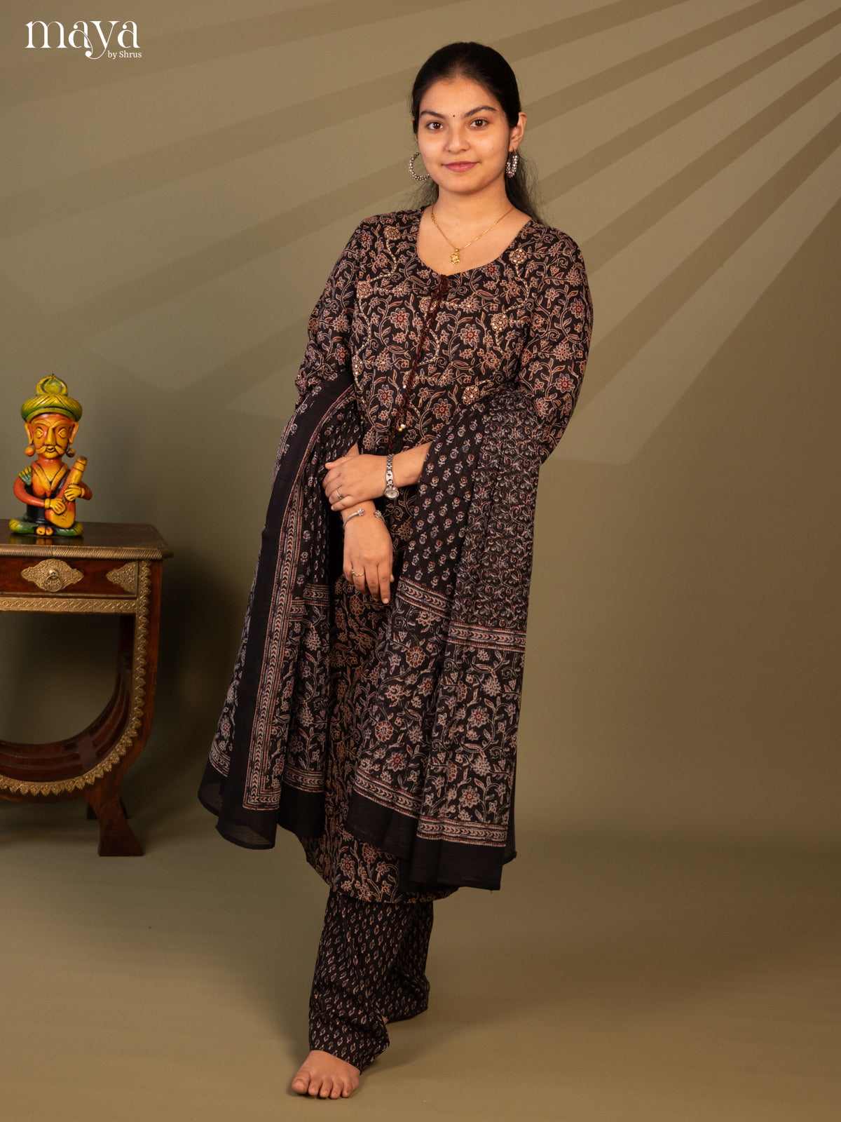 Black Cotton 3Pc Salwar Suit with Floral Print - Top, Bottom & Dupatta - Shop on Shrus.com