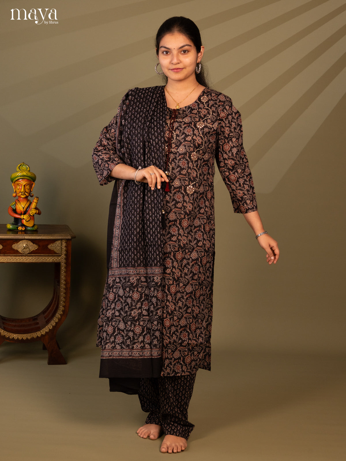 Black Cotton 3Pc Salwar Suit with Floral Print - Top, Bottom & Dupatta - Shop on Shrus.com
