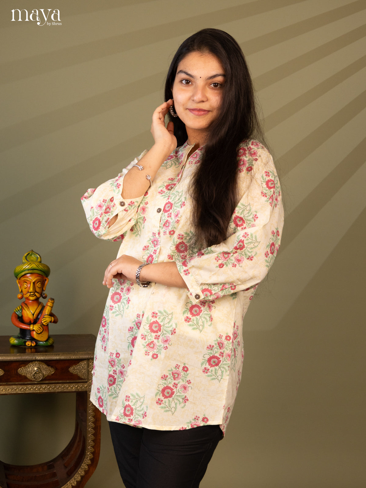 Floral Printed Cream Cotton Short Kurti - Shop on Shrus.com