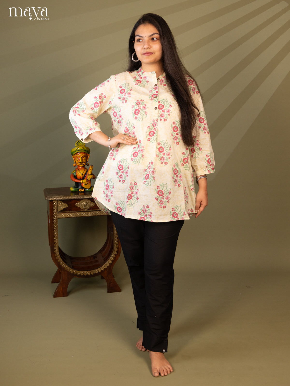 Floral Printed Cream Cotton Short Kurti - Shop on Shrus.com