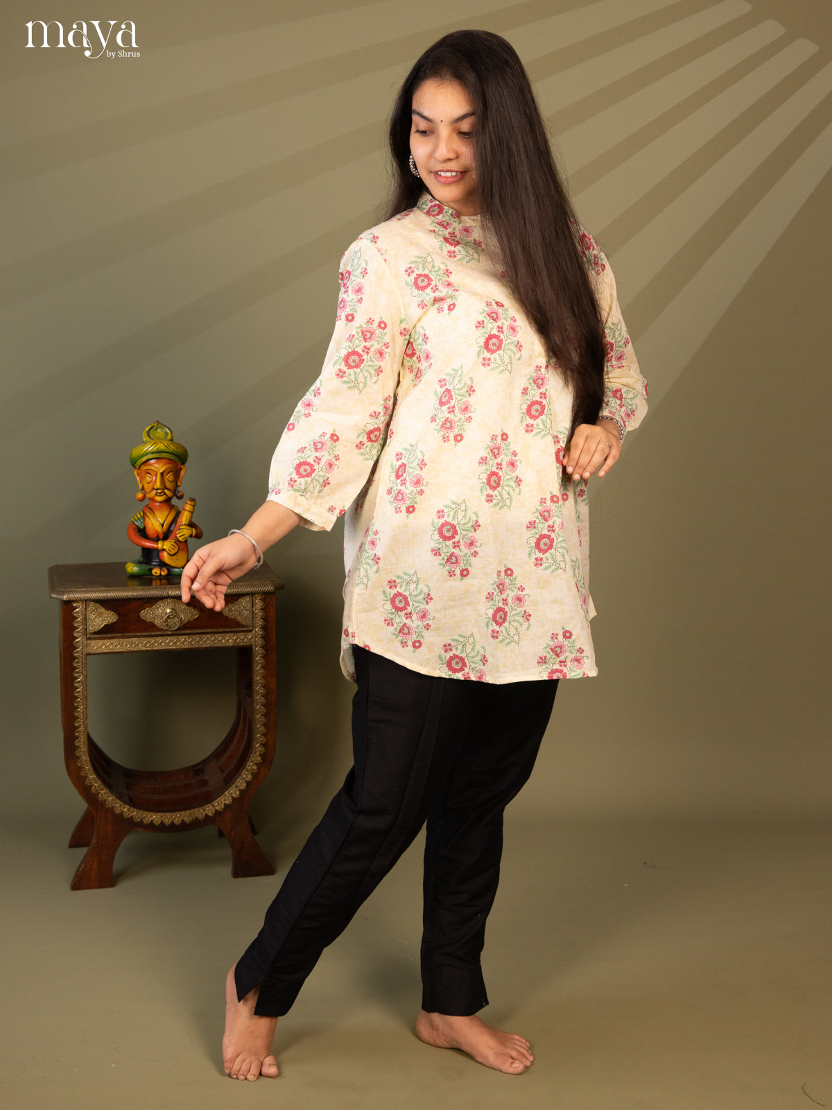 Floral Printed Cream Cotton Short Kurti - Shop on Shrus.com