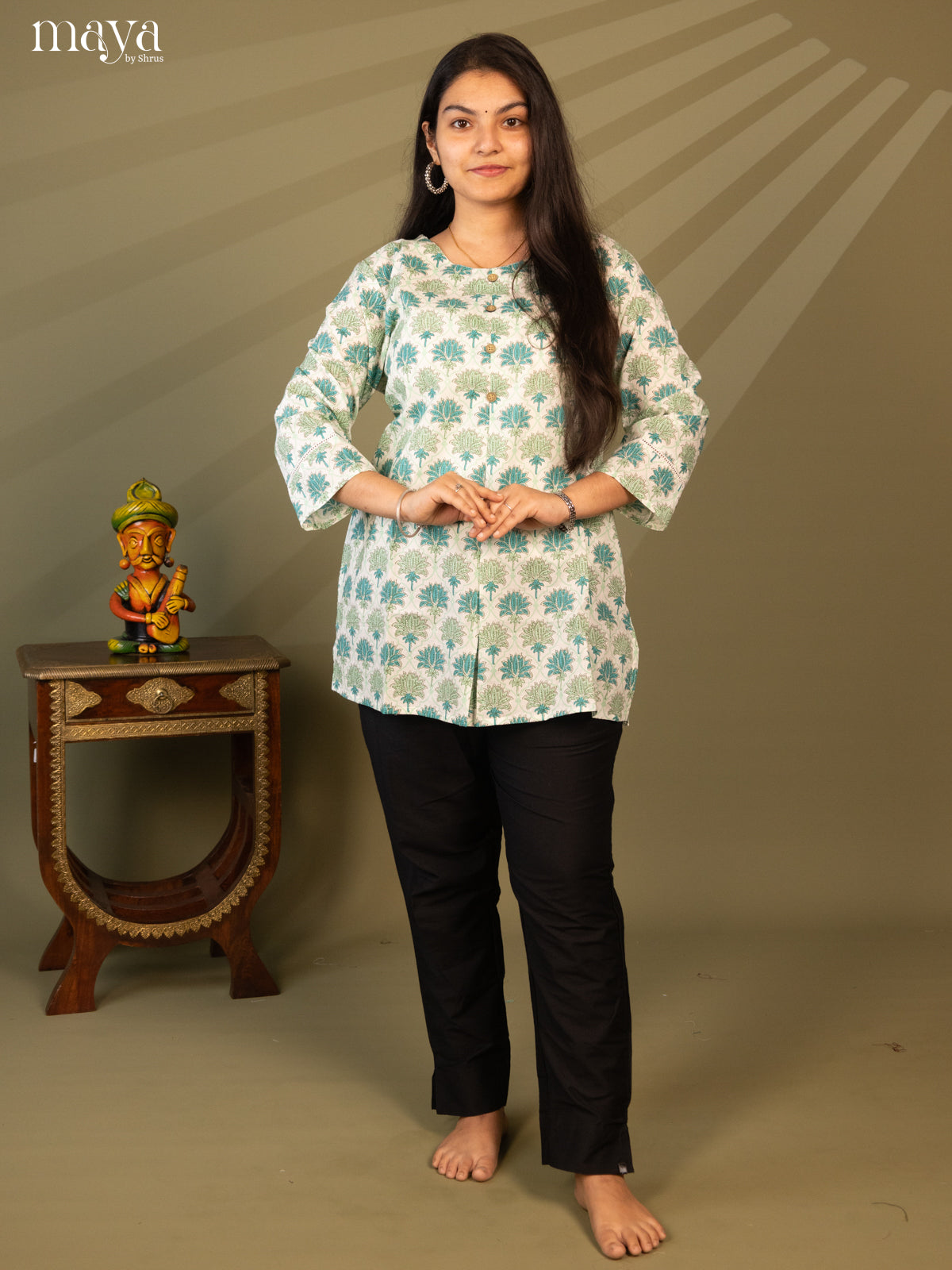 Floral Printed Cream Cotton Short Kurti - Shop on Shrus.com