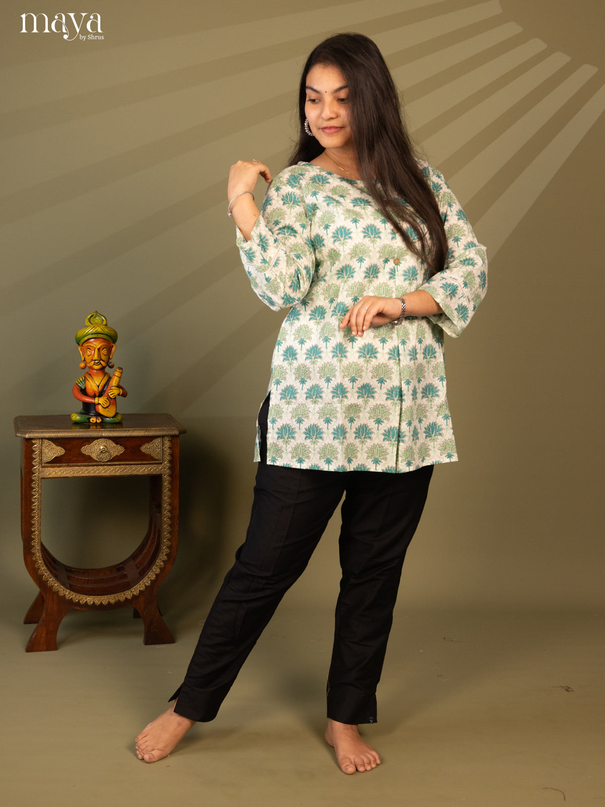 Floral Printed Cream Cotton Short Kurti - Shop on Shrus.com