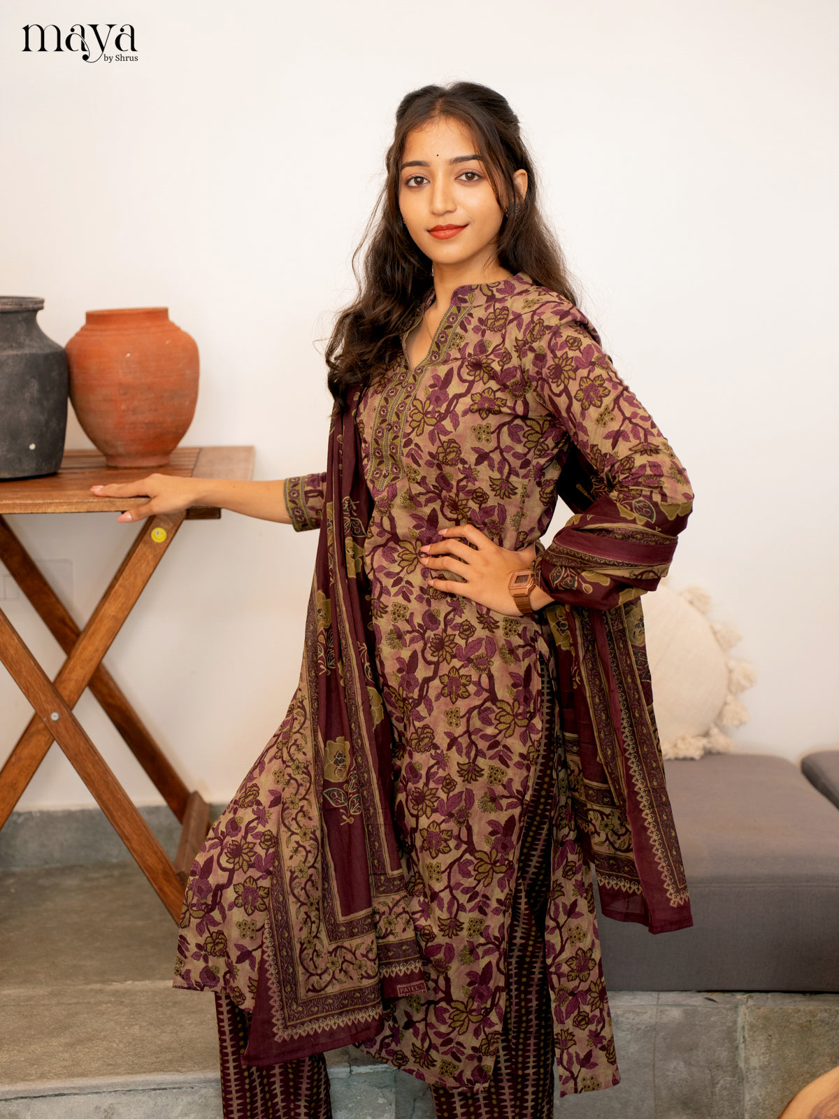 Green With Wine Cotton 3Pc Salwar Suit with Floral Print - Top, Bottom & Dupatta - Shop on Shrus.com