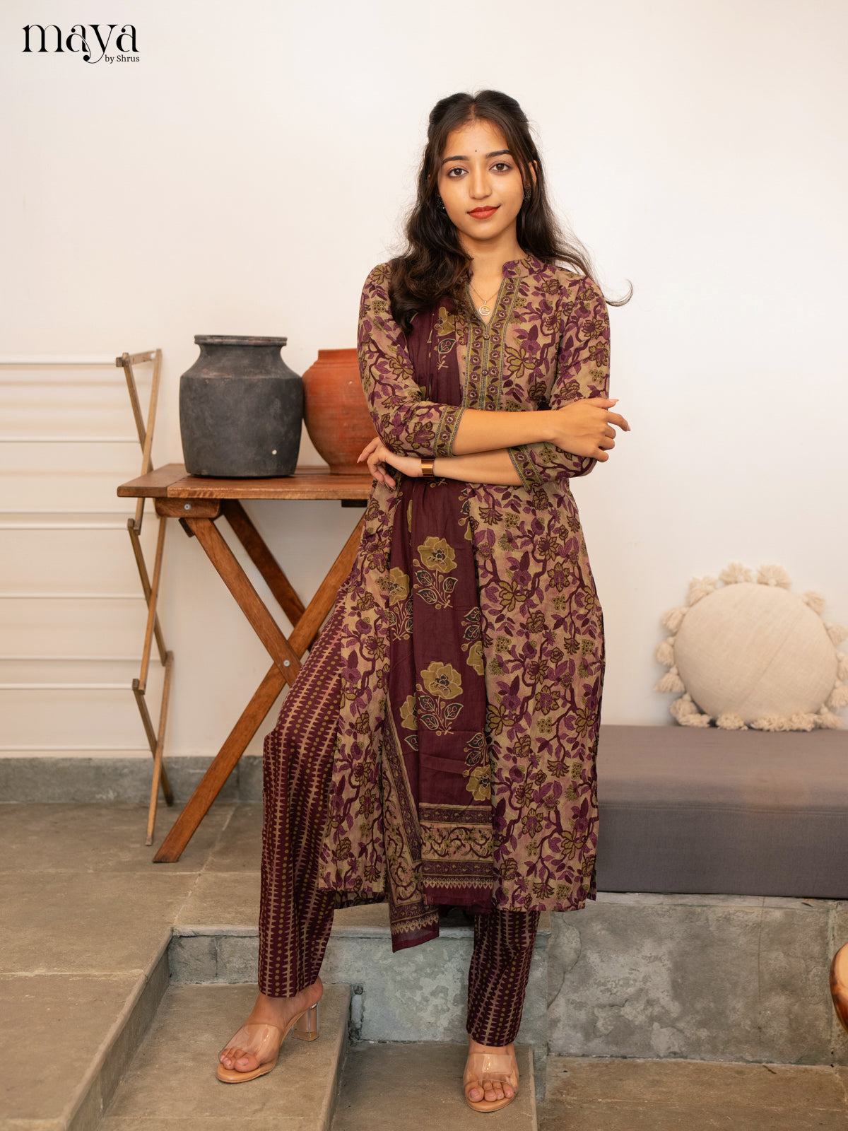 Green With Wine Cotton 3Pc Salwar Suit with Floral Print - Top, Bottom & Dupatta - Shop on Shrus.com