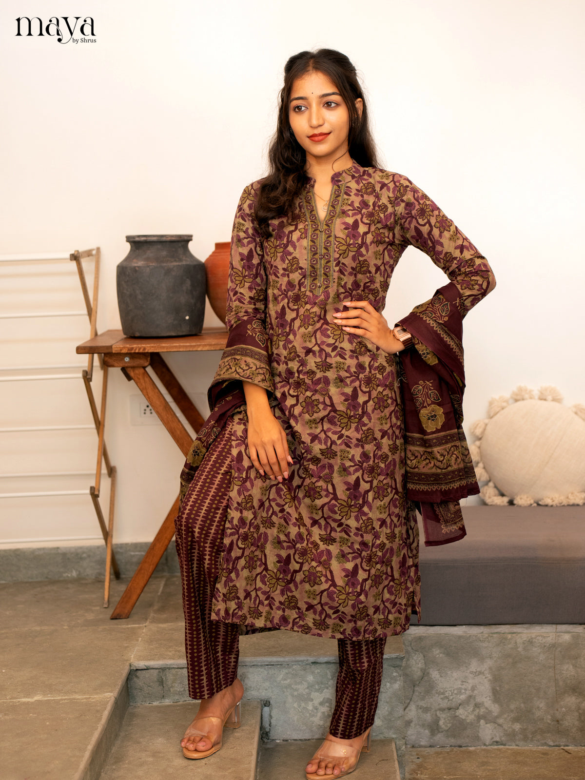 Green With Wine Cotton 3Pc Salwar Suit with Floral Print - Top, Bottom & Dupatta - Shop on Shrus.com