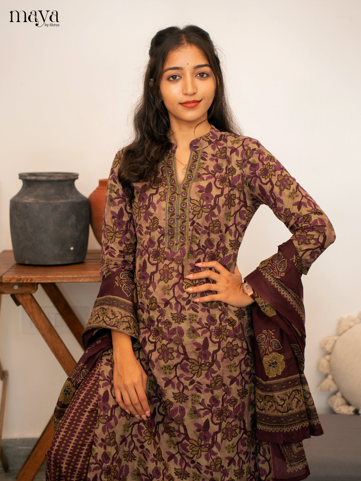 Green With Wine Cotton 3Pc Salwar Suit with Floral Print - Top, Bottom & Dupatta - Shop on Shrus.com