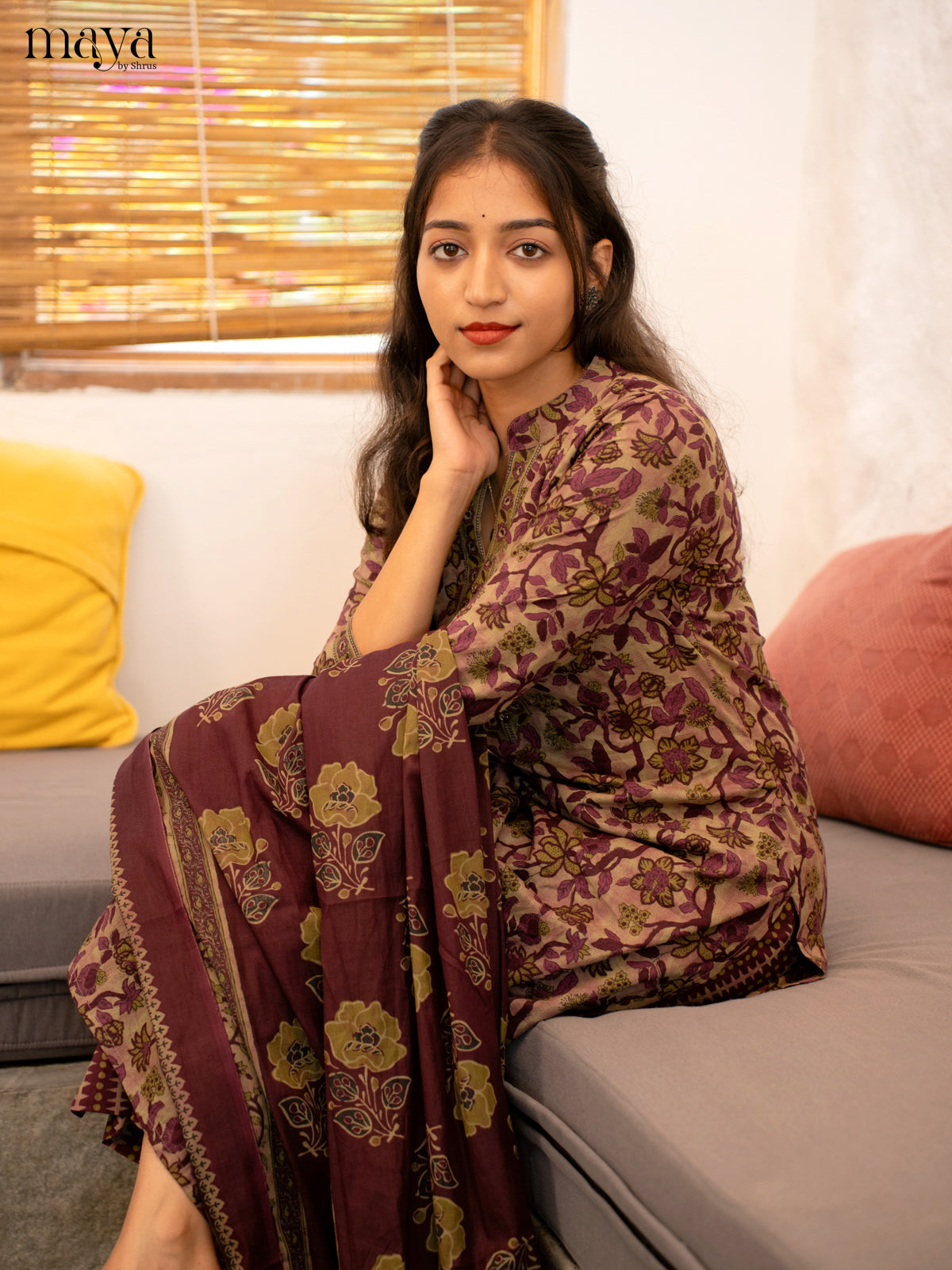 Green With Wine Cotton 3Pc Salwar Suit with Floral Print - Top, Bottom & Dupatta - Shop on Shrus.com