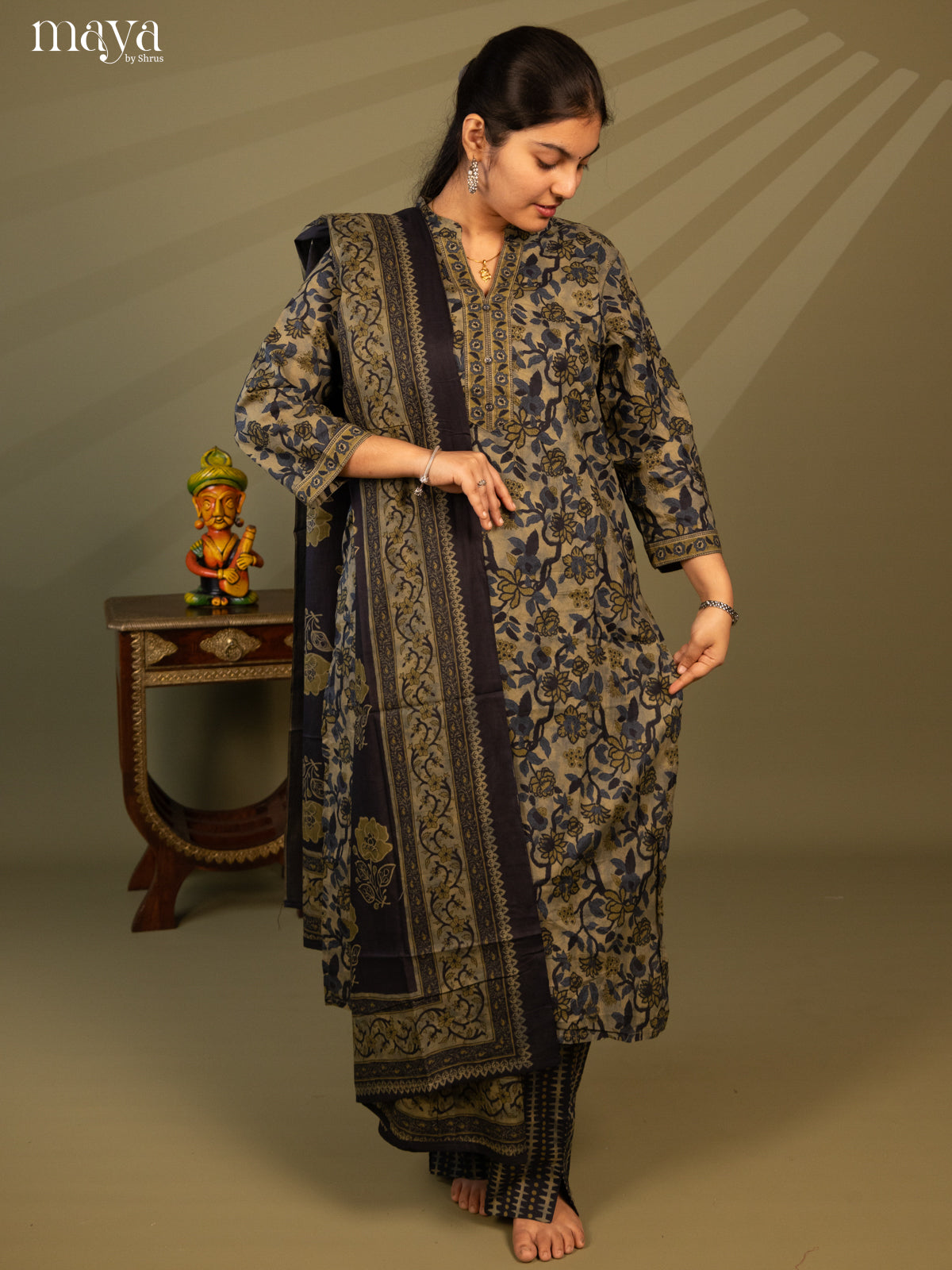 Green Cotton 3Pc Salwar Suit with Floral Print - Top, Bottom & Dupatta - Shop on Shrus.com