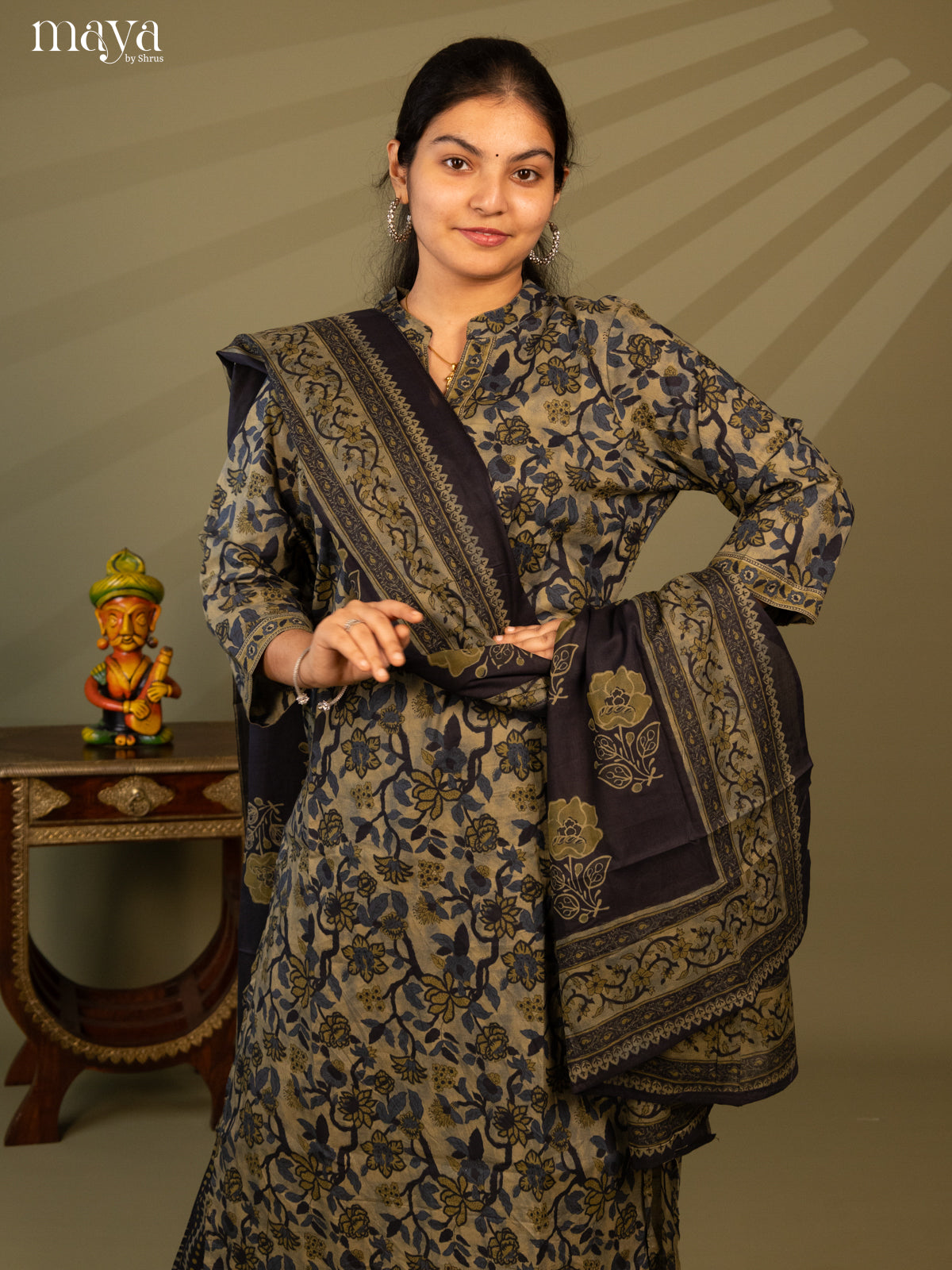 Green Cotton 3Pc Salwar Suit with Floral Print - Top, Bottom & Dupatta - Shop on Shrus.com