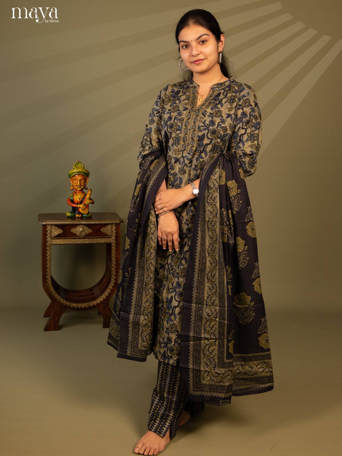 Green Cotton 3Pc Salwar Suit with Floral Print - Top, Bottom & Dupatta - Shop on Shrus.com