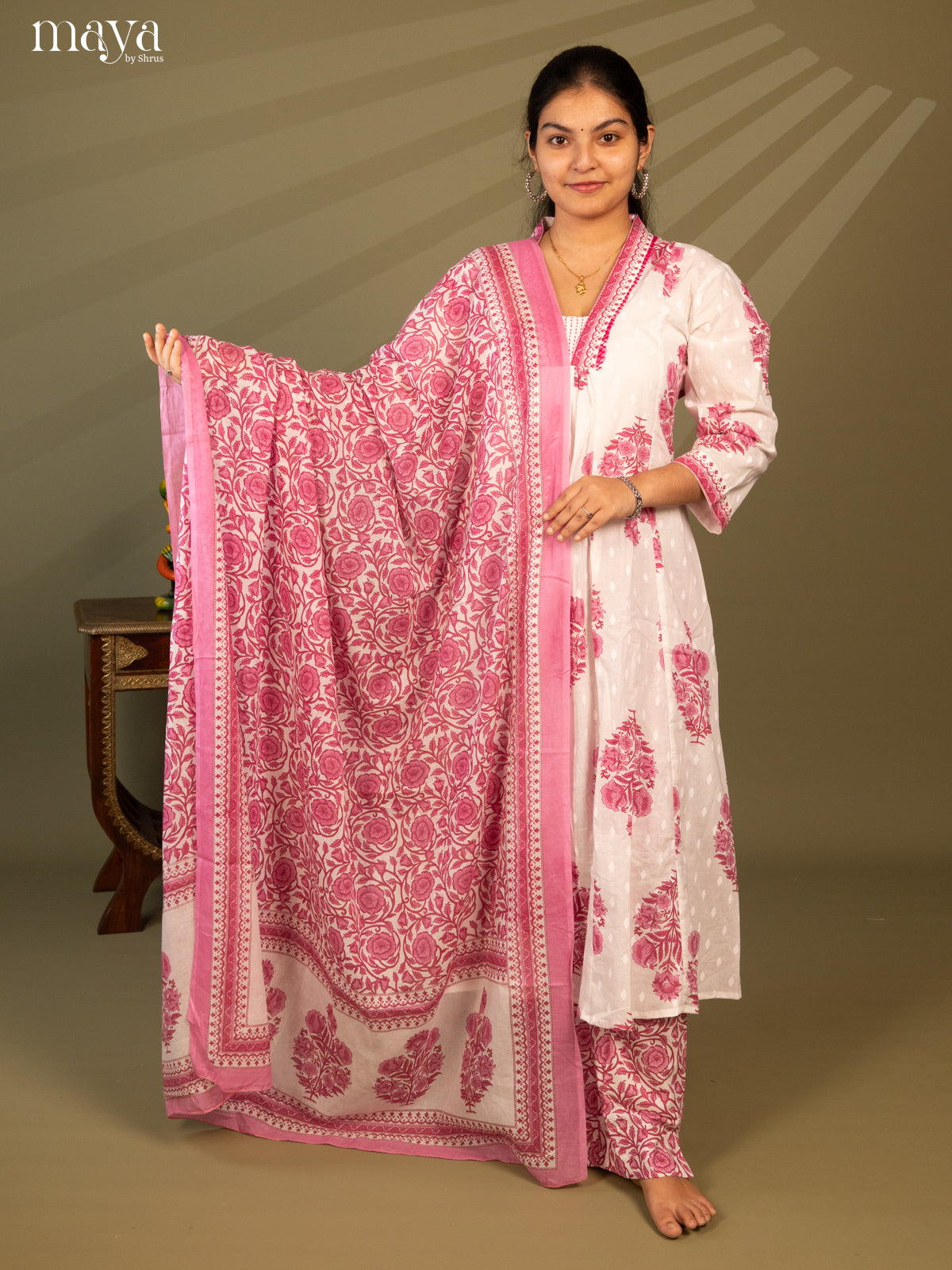 White Cotton 3Pc Salwar Suit Floral Print - Top, Bottom & Dupatta - Shop on Shrus.com
