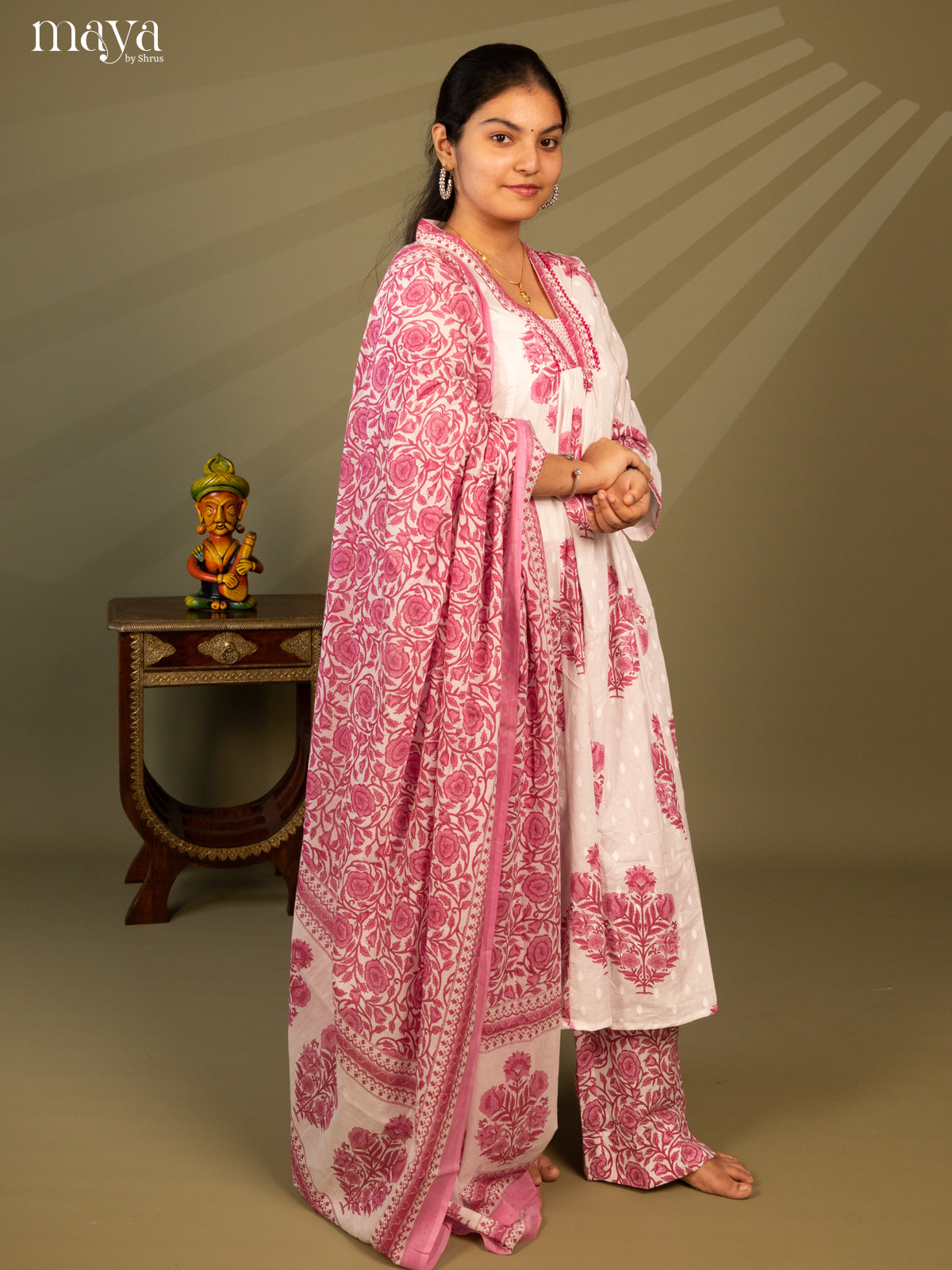 White Cotton 3Pc Salwar Suit Floral Print - Top, Bottom & Dupatta - Shop on Shrus.com