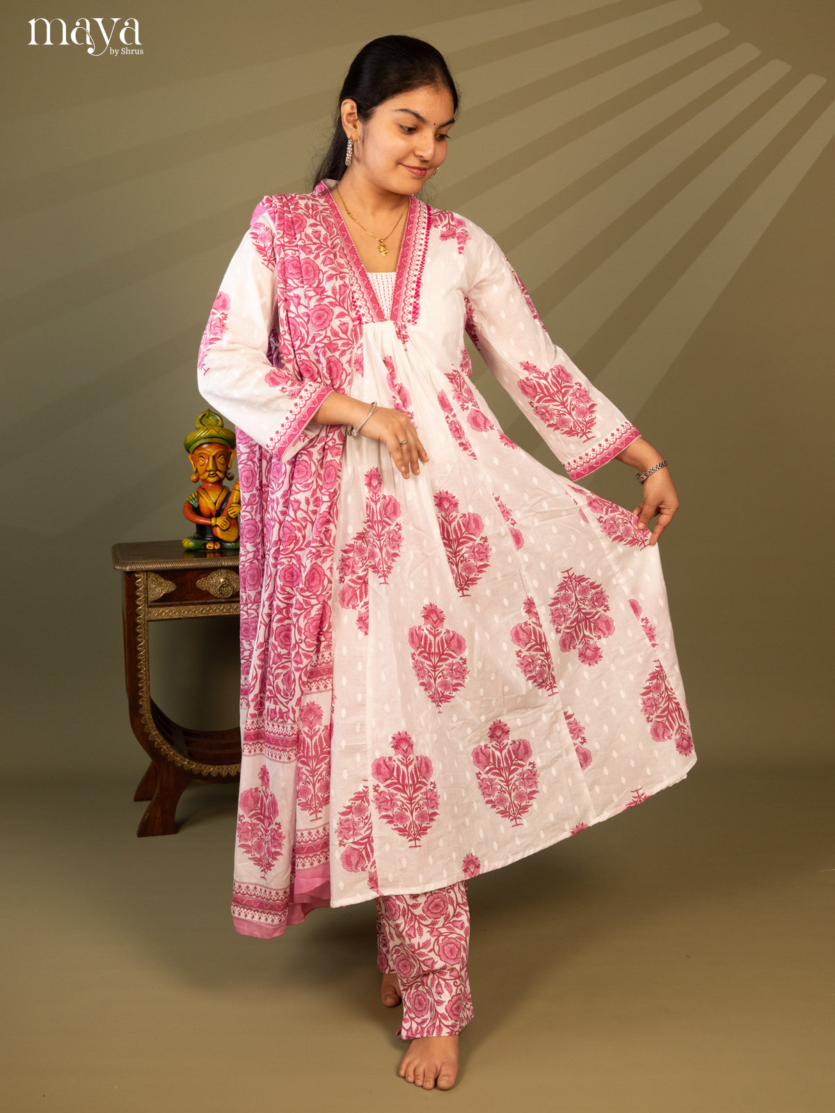 White Cotton 3Pc Salwar Suit Floral Print - Top, Bottom & Dupatta - Shop on Shrus.com