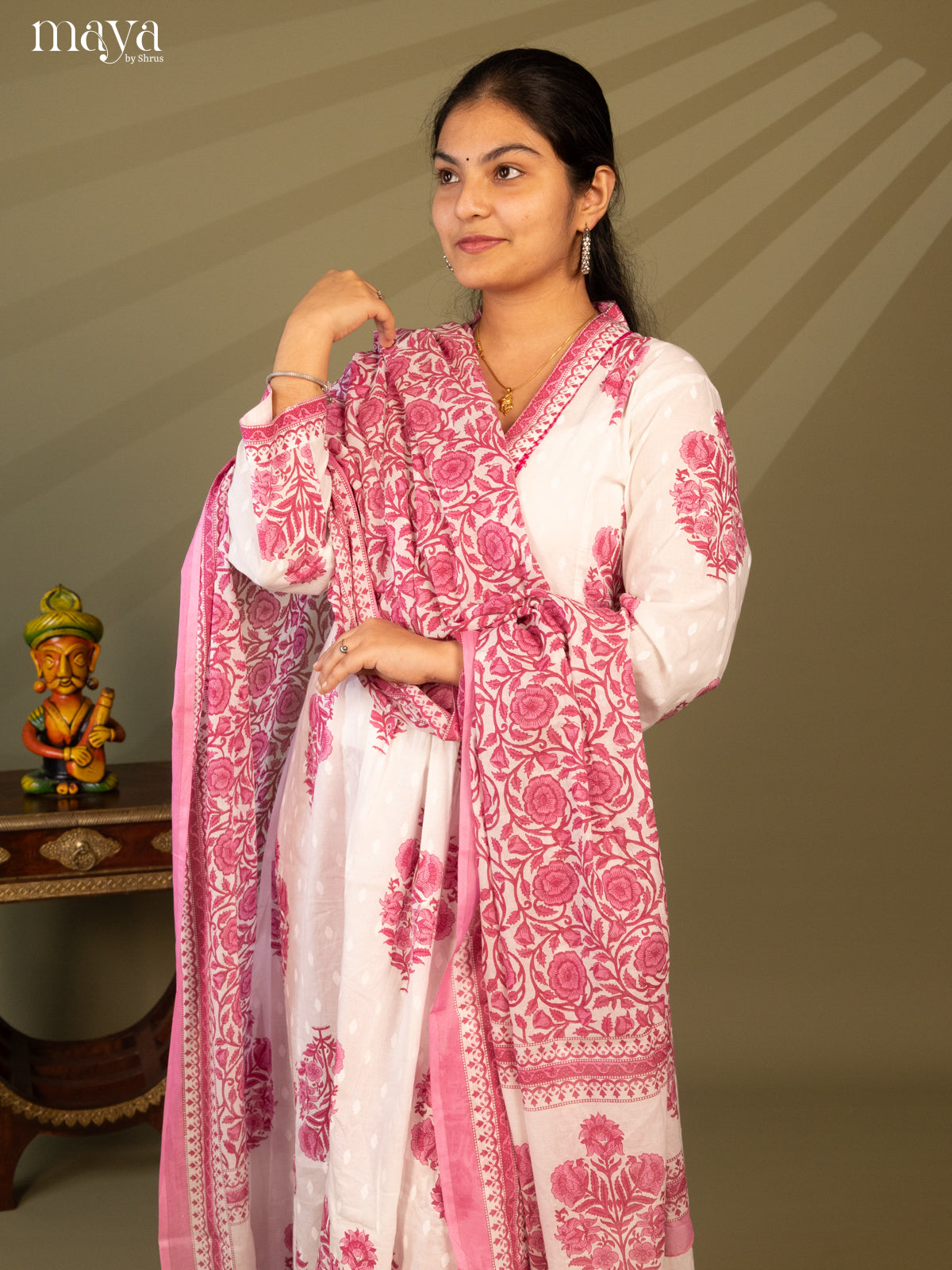 White Cotton 3Pc Salwar Suit Floral Print - Top, Bottom & Dupatta - Shop on Shrus.com