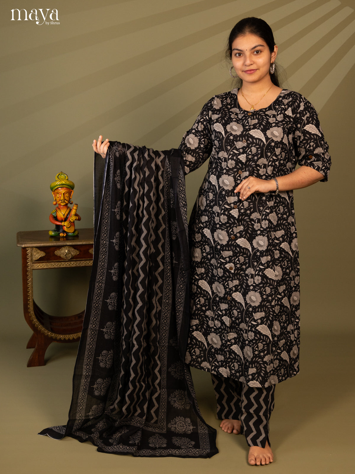 Black Cotton 3Pc Salwar Suit with Floral Print - Top, Bottom & Dupatta - Shop on Shrus.com