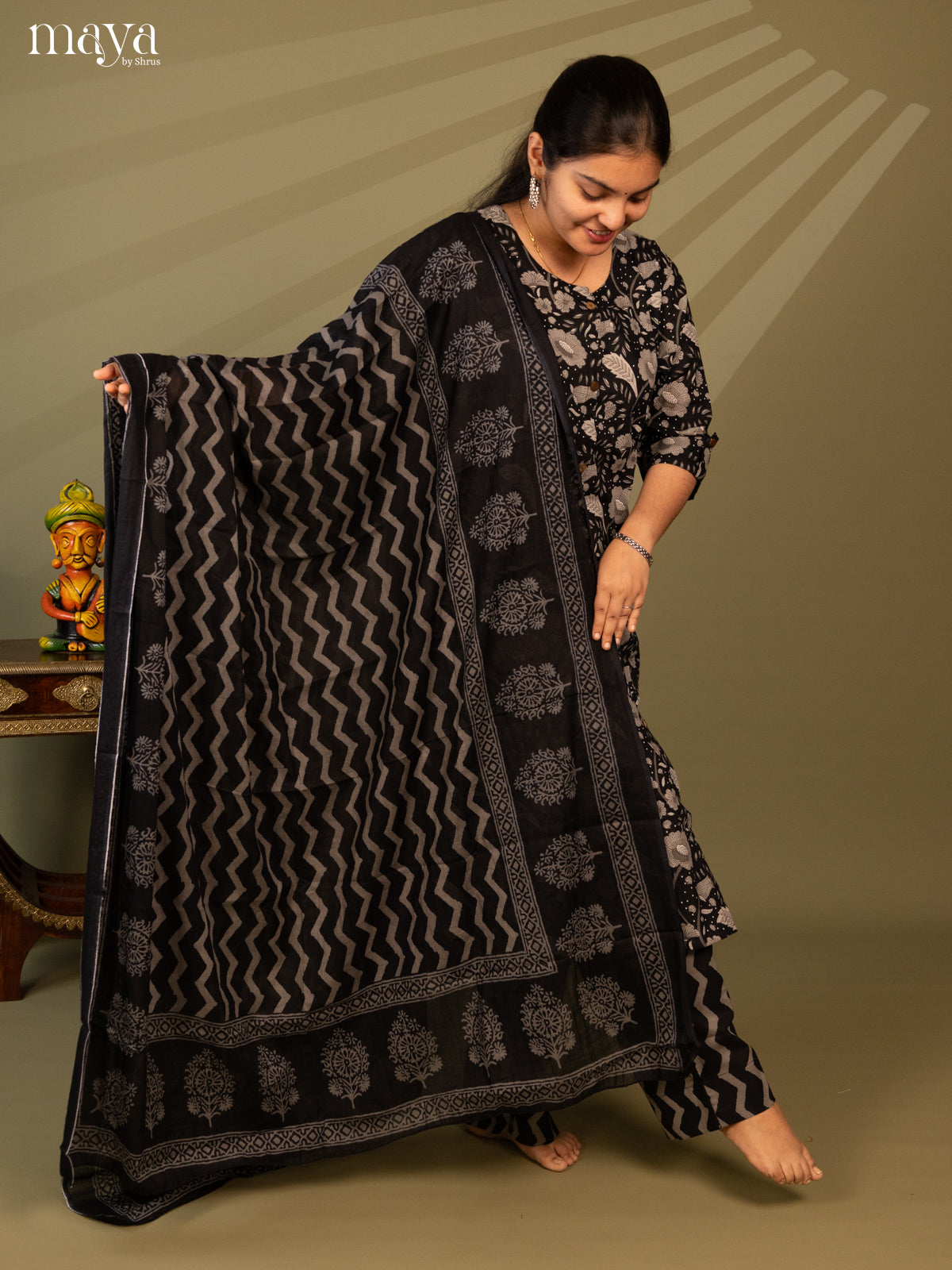 Black Cotton 3Pc Salwar Suit with Floral Print - Top, Bottom & Dupatta - Shop on Shrus.com