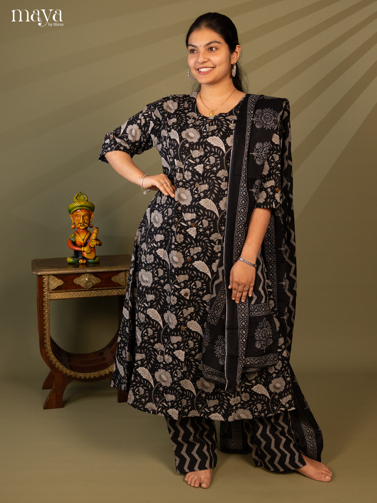 Black Cotton 3Pc Salwar Suit with Floral Print - Top, Bottom & Dupatta - Shop on Shrus.com